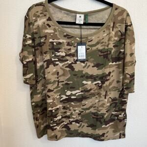 New G-Star Raw Green Brown Camo Scoop Neck 3/4 Sleeve Tee Shirt Women's size S